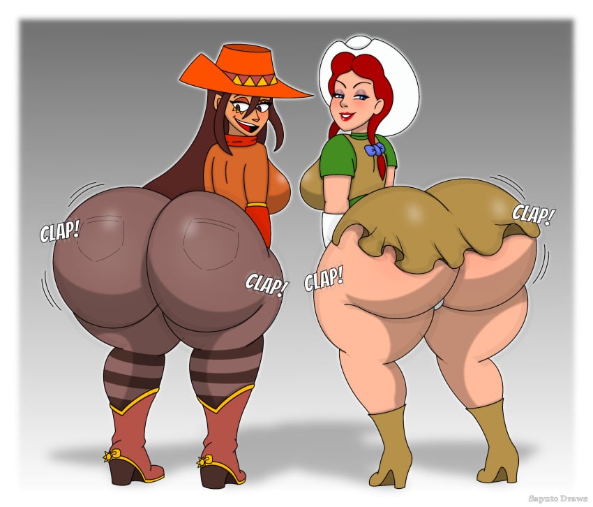 2girls ass ass_clapping big_ass boots bottom_heavy breasts brown_hair bubble_butt clapping_cheeks clothing cowgirl digital_media epithet_erased fat_ass female female_only huge_ass large_ass looking_back massive_ass png red_hair saputodraws slue-foot_sue thick_ass thick_thighs twerking wide_hips zora_salazar