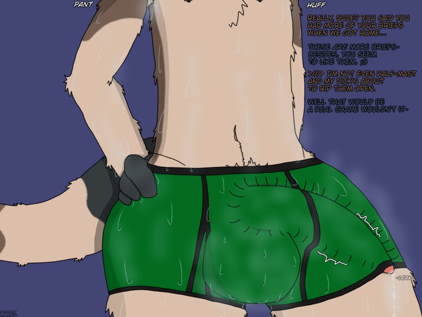 1boy 4:3 anthro ball_bulge big_bulge bodily_fluids bulge clothed clothing daely dialogue dripping english_text erection erection_under_clothes erection_under_clothing erotiotter genital_fluids genitals half-erect hand_on_hip hand_on_own_hip leaking_precum male male_focus mammal musk musk_clouds mustelid otter partially_clothed penis precum precum_drip precum_string solo standing steam sweat teasing tight_clothing underwear