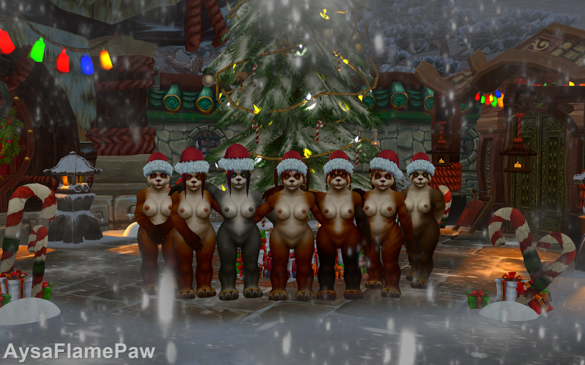 16:10 2019 3d anthro aysaflamepaw big_breasts biped blizzard_entertainment breasts brown_hair candy candy_cane christmas christmas_tree clothing detailed_background female fingers food fur hair hat headgear headwear hi_res holidays looking_at_viewer mammal nipples nude pandaren santa_hat sled smile snow toes tree ursid video_games warcraft world_of_warcraft