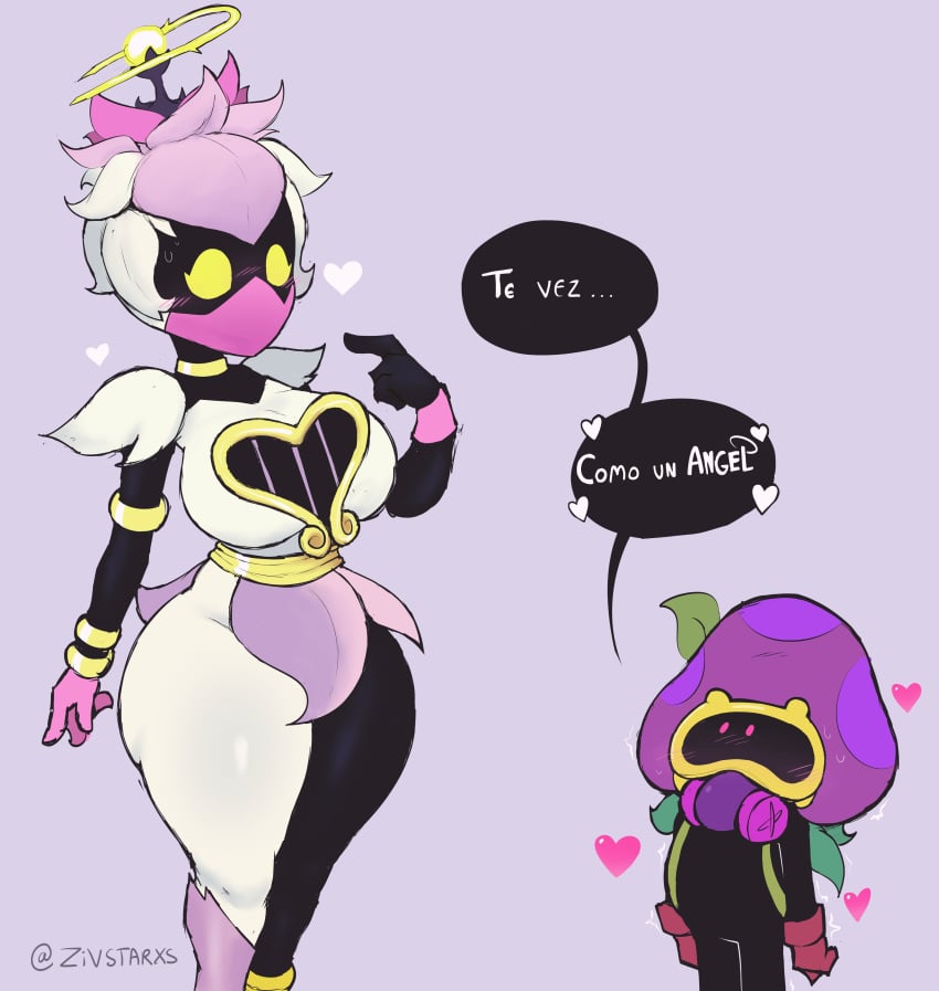 1boy 1girls angel angel_girl artist_name aura big_ass black_body blush bracelet brawl_stars breasts cordelius_(brawl_stars) dialogue female gas_mask gloves halo heart lily_(brawl_stars) lily_angel_(brawl_stars) male mask multicolored_body pointing sfw speech_bubble standing text thick_thighs thighs white_body yellow_eyes zivartx zivstarxs