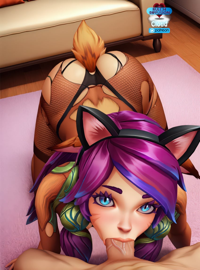 1boy ai ai_generated all_fours animal_ears ass black_panties blue_eyes body_fur brown_pantyhose cat_ears deer_tail facial_mark fake_animal_ears fake_tail fellatio female fishnet_pantyhose fishnets hair_ornament hairband indoors league_of_legends lillia_(league_of_legends) logo long_hair looking_at_viewer multicolored_hair oral panties panties_under_pantyhose pantyhose patreon patreon_username penis pony_diffusion_xl pov pov_crotch purple_hair rule34_diffusion(artist) solo_focus stable_diffusion straight tail torn_clothes torn_pantyhose uncensored underwear veins veiny_penis video_game video_game_character video_game_franchise video_games watermark whisker_markings wooden_floor