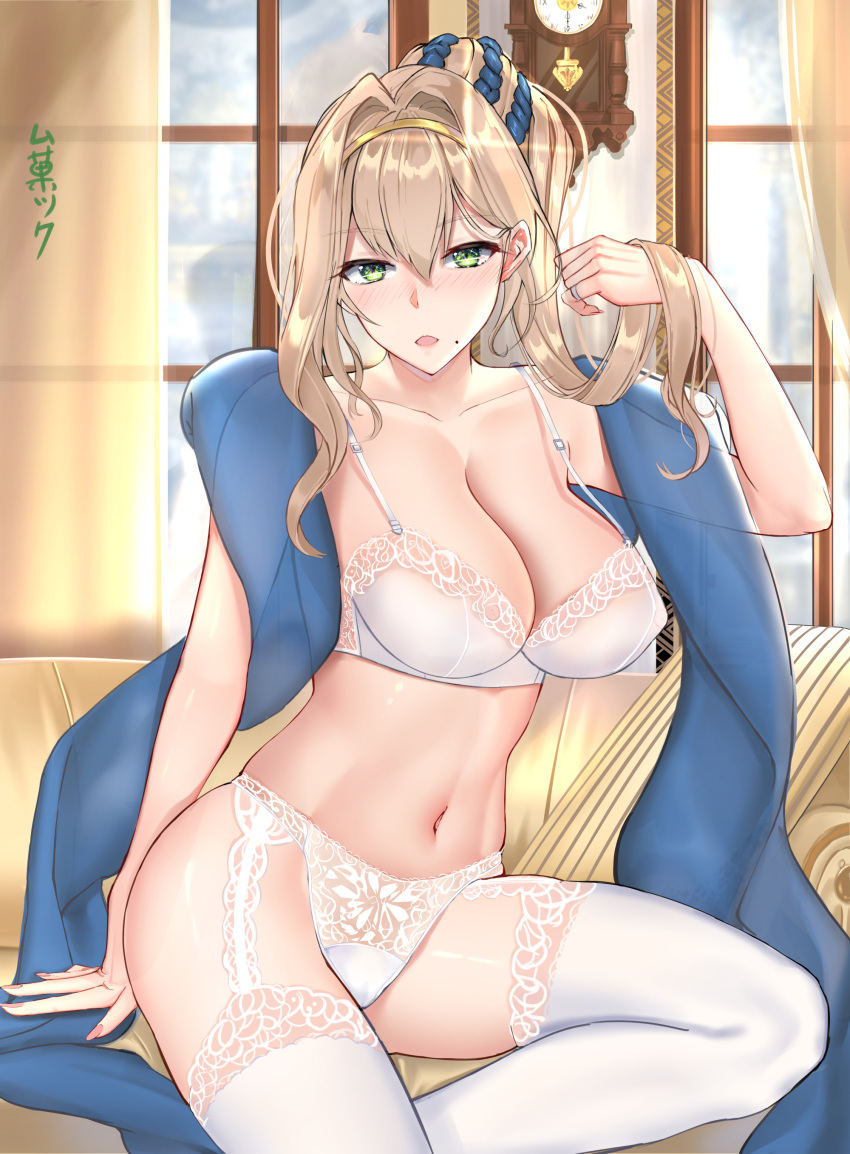 absurdres blonde_hair breasts diene_(epic7) epic7 green_eyes highres large_breasts lingerie looking_at_viewer mukatsukulsp panties scarf underwear white_panties