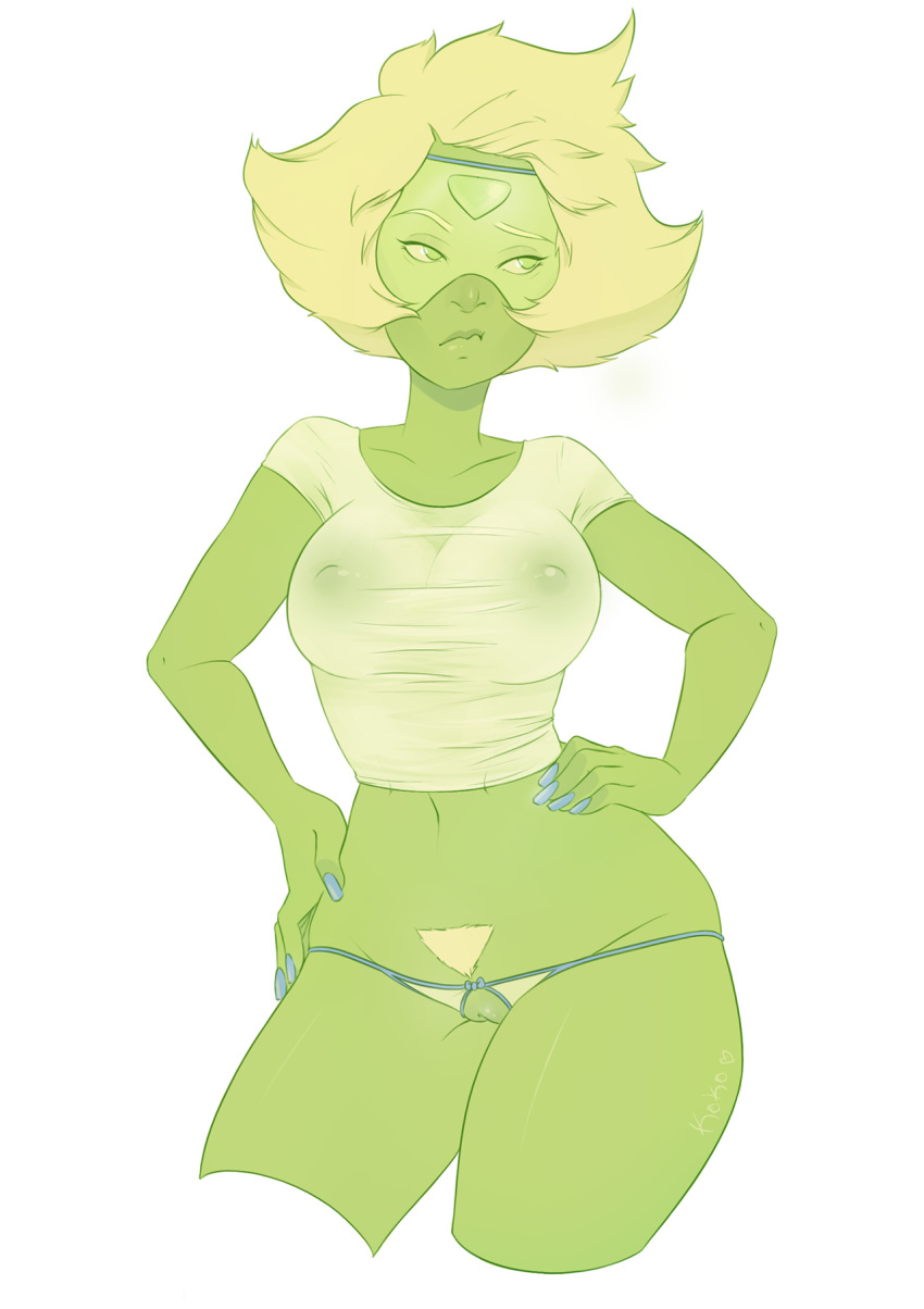 blonde_hair crotch_cutout female goggles green_skin hands_on_hips kokobuttz large_breasts lingerie lips looking_to_the_side peridot_(steven_universe) pubes pussy short_hair solo steven_universe string_panties tight_clothing white_background