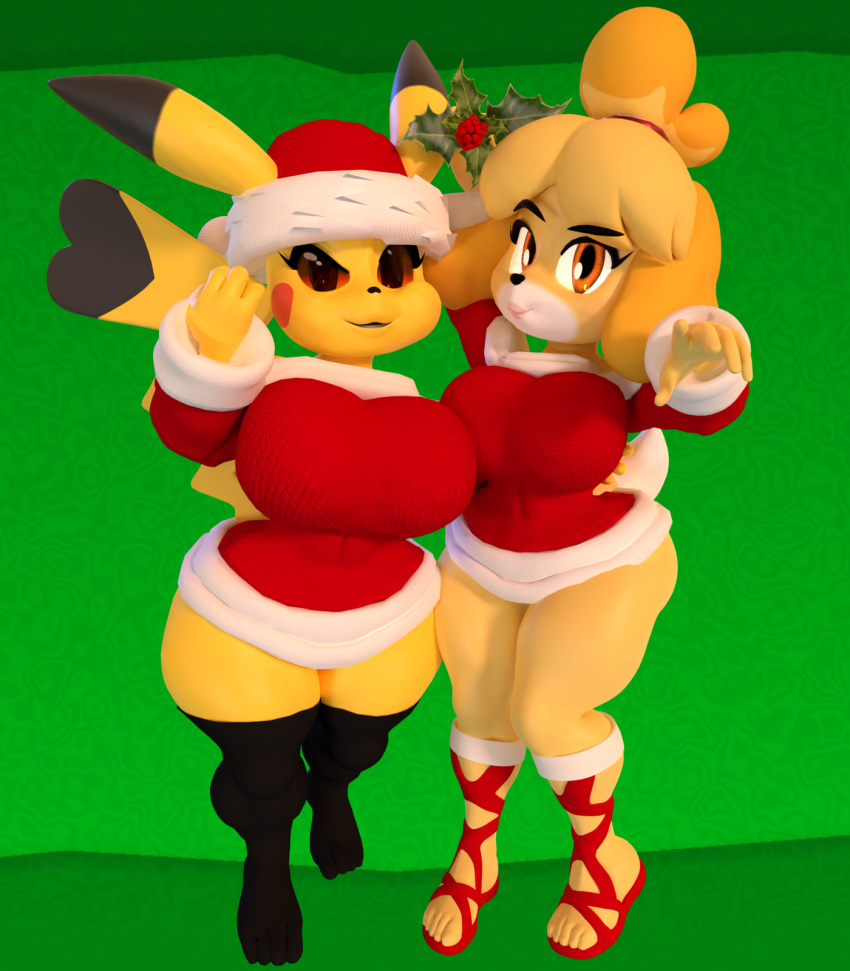 2019 2girls 3d animal_crossing animal_ears anthro big_breasts black_footwear black_legwear black_stockings blonde_hair blue_eyes boots canine capcom christmas cleavage cosplay_pikachu crossover curvy detailed_background dress eyelashes female female_only footwear front_view furry hat holidays hourglass_figure humanoid_hands isabelle_(animal_crossing) legwear lowkeydiag mammal nintendo orange_hair pikachu pikachu_libre pokemon pokemon_oras pokemon_rgby pose posing red_dress red_eyes short_hair solo standing stockings super_smash_bros. thick_thighs video_game video_games voluptuous wide_hips yellow_fur