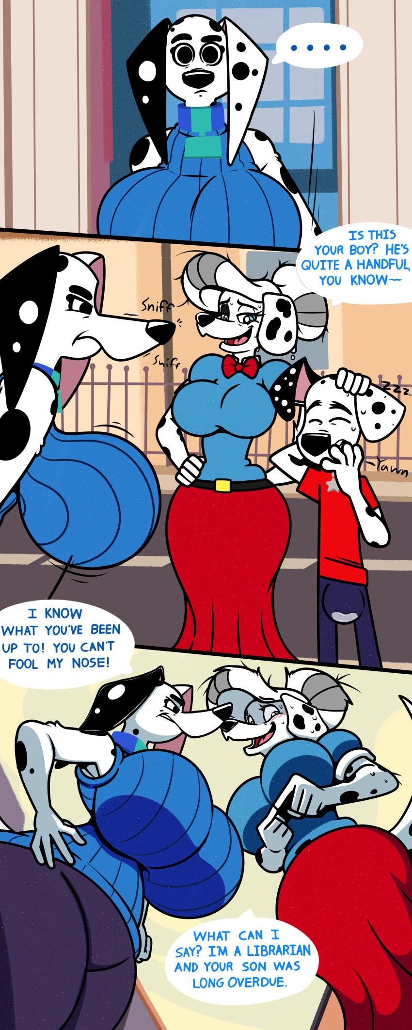 101_dalmatian_street 101_dalmatians 2019 absurd_res alternate_version_at_source anthro anthrofied big_breasts black_body black_eyes black_fur blue_eyes bodily_fluids breasts bulge canid canine canis closed_eyes clothed clothing collar comic cub cum_stain dalmatian delilah_(101_dalmatians) disney domestic_dog dylan_(101_dalmatians) english_text fan_character female fur gretchen_hazard grey_hair hair half-closed_eyes hi_res huge_breasts hypergal jiggle male mammal mature_female multicolored_body multicolored_fur multicolored_hair narrowed_eyes open_mouth sniffing speech_bubble spots spotted_body spotted_fur sweat text tongue two_tone_body two_tone_fur two_tone_hair white_body white_fur yawn