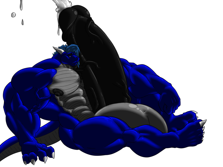 4:3 5_fingers 5_toes anthro balls big_balls blu_the_dragon_(character) cum_release dragon erection fingers hi_res horn huge_balls humanoid_penis hyper hyper_balls hyper_penis male male_only muscular penis sachiel_666 simple_background toes vein white_background