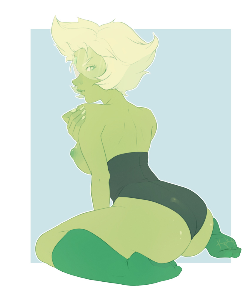 ass back blonde_hair female from_behind green_skin green_socks kokobuttz outline peridot_(steven_universe) short_hair sideboob solo steven_universe topless wariza