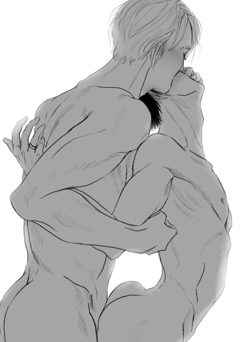 2boys ass black_hair black_hair_bottom canon_couple domination engagement_ring gay katsuki_yuuri kissing liam_yoi light_hair_on_dark_hair monochrome muscular_male nude ring standing viktor_nikiforov white_background white_hair white_hair_on_black_hair white_hair_top yaoi yuri!!!_on_ice