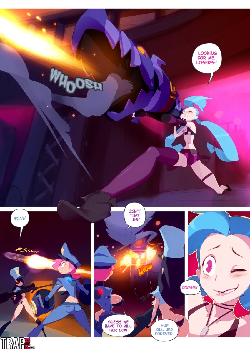 3girls breasts caitlyn_kiramman canon_couple comic dildo doxy female female_only jinx_(league_of_legends) league_of_legends multiple_girls officer_caitlyn officer_vi pussy strap-on vi yuri