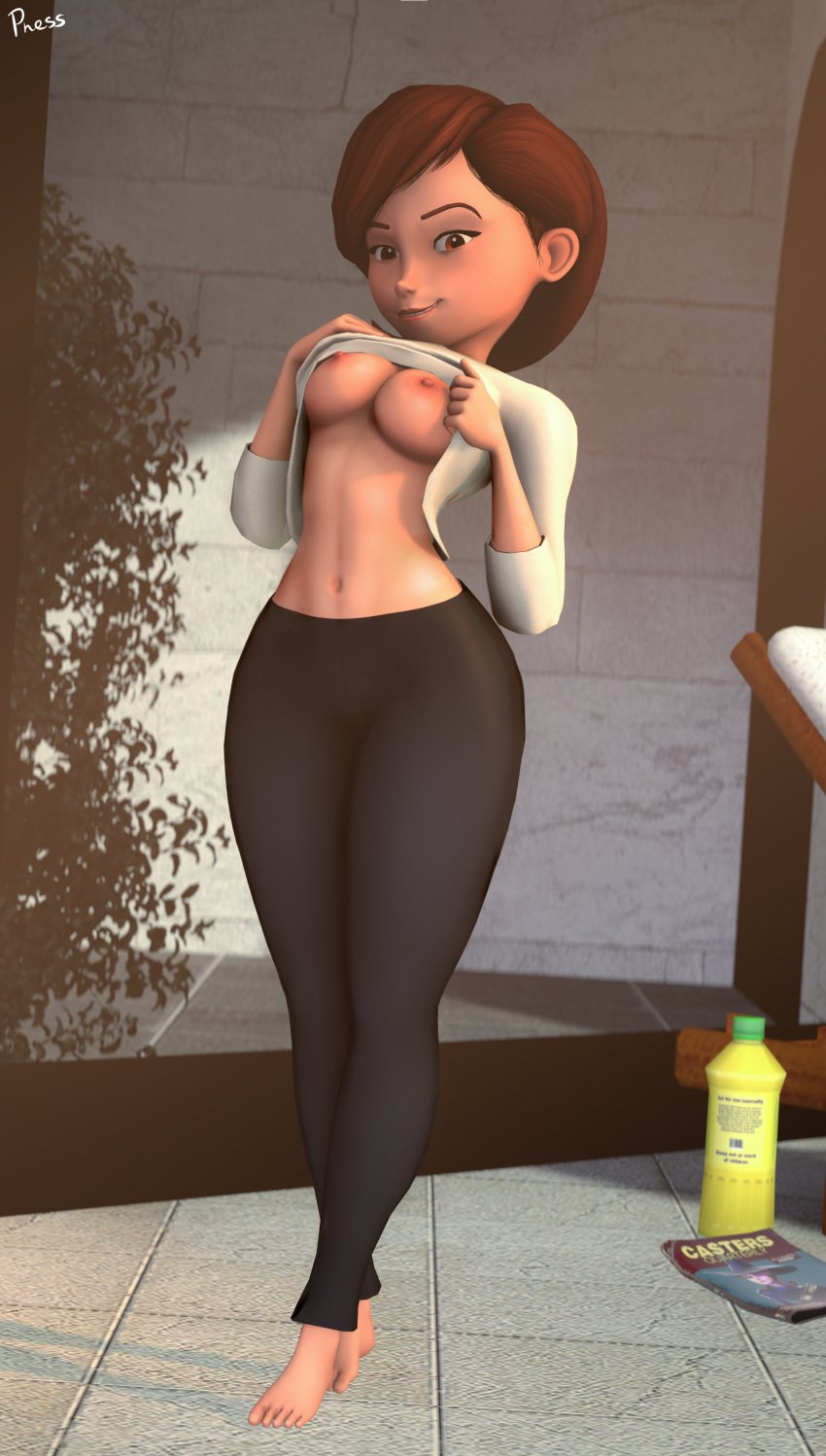 3d barefoot big_breasts disney female_focus female_only helen_parr milf nipples phess pixar shirt_lift smooth_skin source_filmmaker the_incredibles thick thick_thighs wide_hips yoga_pants