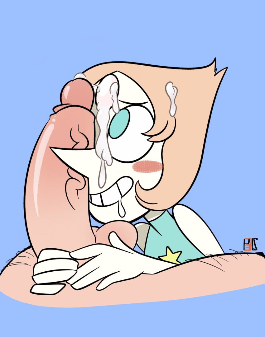 big_penis cum cum_on_face cum_on_gem female joshin light-skinned_male light_skin looking_at_penis looking_pleasured pearl_(steven_universe) penis penis_awe penis_grab steven_universe