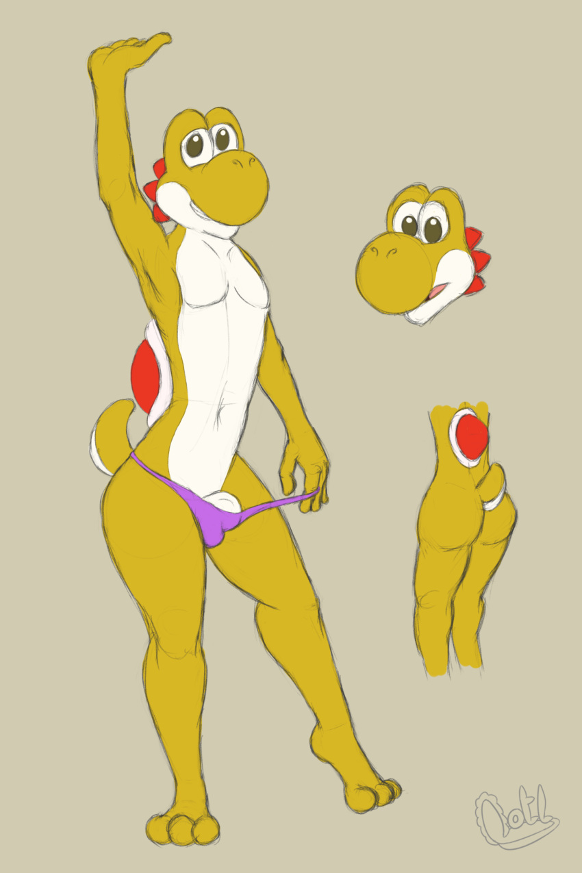 2019 anthro anthrofied ass clothed clothing dinosaur grin hi_res lewd_lotl male male_only mario_(series) multiple_images nintendo penis raised_arm reptile scalie sketch smile solo standing topless underwear video_games yellow_yoshi yoshi