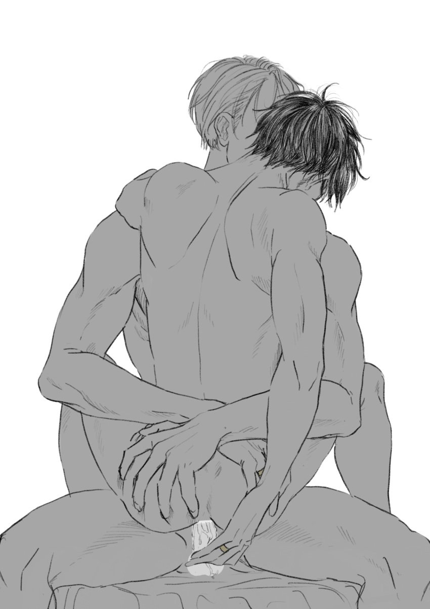 2boys anal anal_penetration anal_sex black_hair black_hair_bottom canon_couple cowgirl_position domination engagement_ring gay katsuki_yuuri lap_sitting liam_yoi light_hair_on_dark_hair male_penetrated monochrome muscular_male nude penis riding ring sex straddling viktor_nikiforov white_background white_hair white_hair_on_black_hair white_hair_top yaoi yuri!!!_on_ice