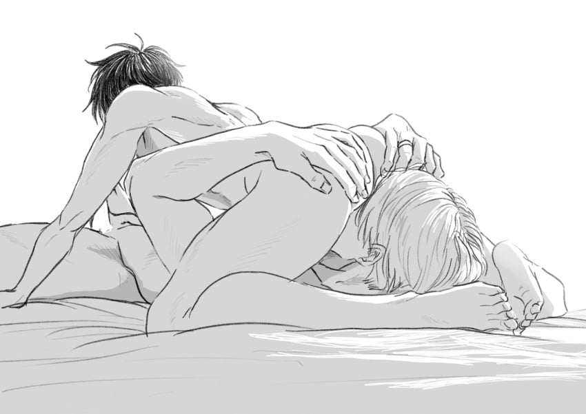 2boys 69 69_position ass_grab blowjob bottom_on_top canon_couple engagement_ring fellatio gay implied_oral katsuki_yuuri liam_yoi monochrome muscular_male nude oral ring sex sketch viktor_nikiforov white_background yaoi yuri!!!_on_ice