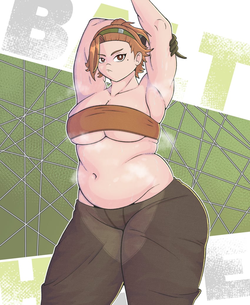 1girls armpits arms_up artist_request balthilde_(girls'_frontline_2) belt_bra big_breasts breasts brown_eyes chest_strap chubby chubby_female closed_mouth feet_out_of_frame female female_only girls'_frontline girls'_frontline_2:_exilium large_breasts looking_at_viewer mole mole_under_eye navel orange_hair pants plump steam steaming_body sweaty sweaty_body
