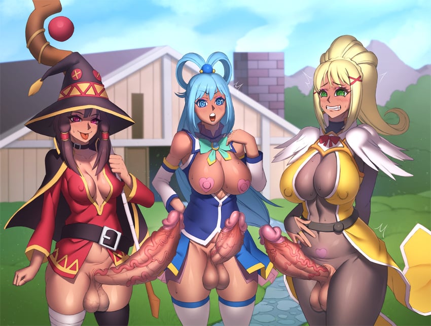 3futas aqua_(konosuba) balls breasts darkness_(konosuba) erection futa_only futanari huge_cock intersex kono_subarashii_sekai_ni_shukufuku_wo! large_breasts looking_at_viewer lycra_(artist) megumin nipples penis testicles