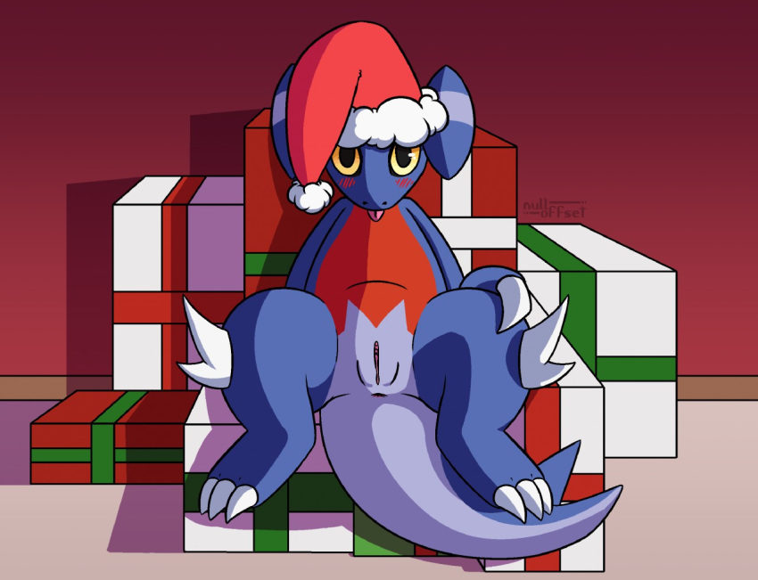 anus blush christmas clothing female feral gabite generation_4_pokemon gift hat headgear headwear holidays nintendo nulloffset pokemon pokemon_(species) presenting pussy solo tongue video_games