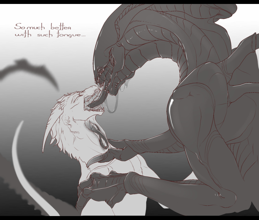 alien alien_(franchise) claws closed_eyes dragon duo excessive_saliva extreme_french_kiss feral feral_on_feral french_kissing fur furred_dragon furry gigren_(artist) greyscale hi_res horn hybrid internal kissing long_tongue male male/male monochrome open_mouth sharp_teeth teeth tongue xenomorph