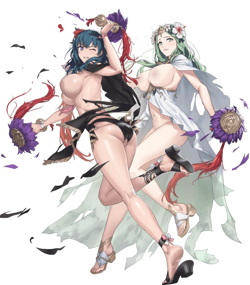 2girls big_breasts bikini black_bikini black_swimsuit blue_eyes byleth_(fire_emblem) byleth_(fire_emblem)_(female) byleth_(summer)_(fire_emblem)_(female) cuboon cutout edit female female_only fire_emblem fire_emblem:_three_houses fire_emblem_heroes flower flower_in_hair green_eyes green_hair large_breasts lunarantis multiple_girls nintendo nipples nude nude_edit nude_female nude_filter one_eye_closed pussy pussy_cutout rhea_(fire_emblem) rhea_(summer)_(fire_emblem) ripped_clothing sandals swimsuit teal_hair torn_clothes