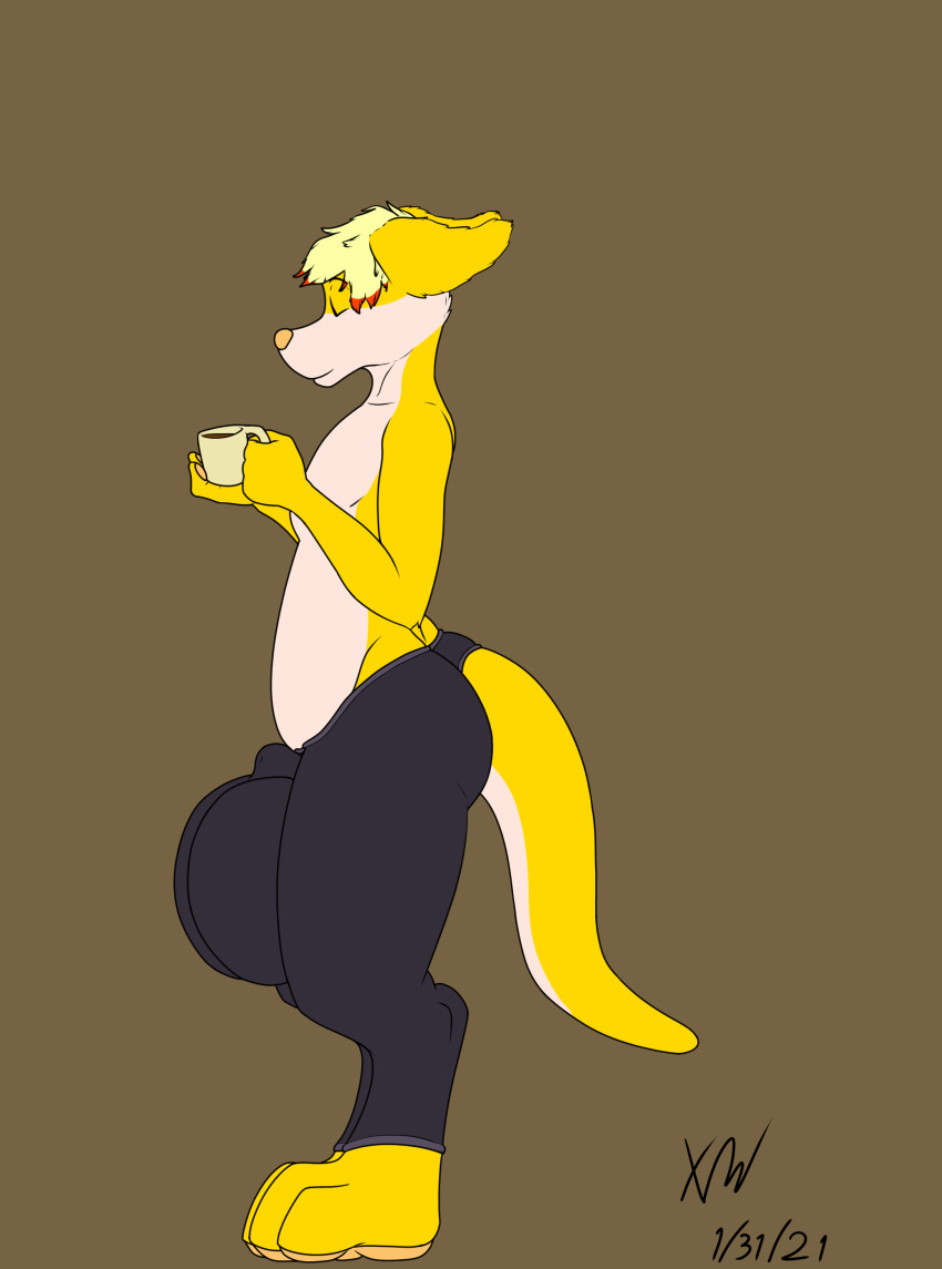 absurd_res balls beverage big_balls bulge closed_eyes clothed clothing coffee drom genitals hi_res huge_balls hyper hyper_balls hyper_genitalia jess male partially_clothed slightly_chubby solo standing tapering_tail xylerthewolf yoga_pants