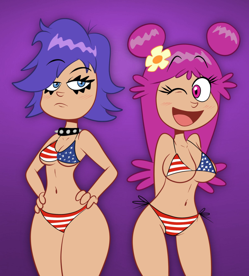 american_flag american_flag_bikini ami_onuki big_breasts bikini blue_hair breasts cartoon_network casual choker collar eyeliner hair_ornament hands_behind_back hands_on_hips happy hi_hi_puffy_amiyumi human narrow_shoulders navel neckwear pale_skin pink_hair punk scobionicle99 small_breasts spiked_bracelet spiked_choker spiked_collar spikes swimwear thick_thighs thin_arms thin_waist underboob wide_hips winking wristwear yumi_yoshimura