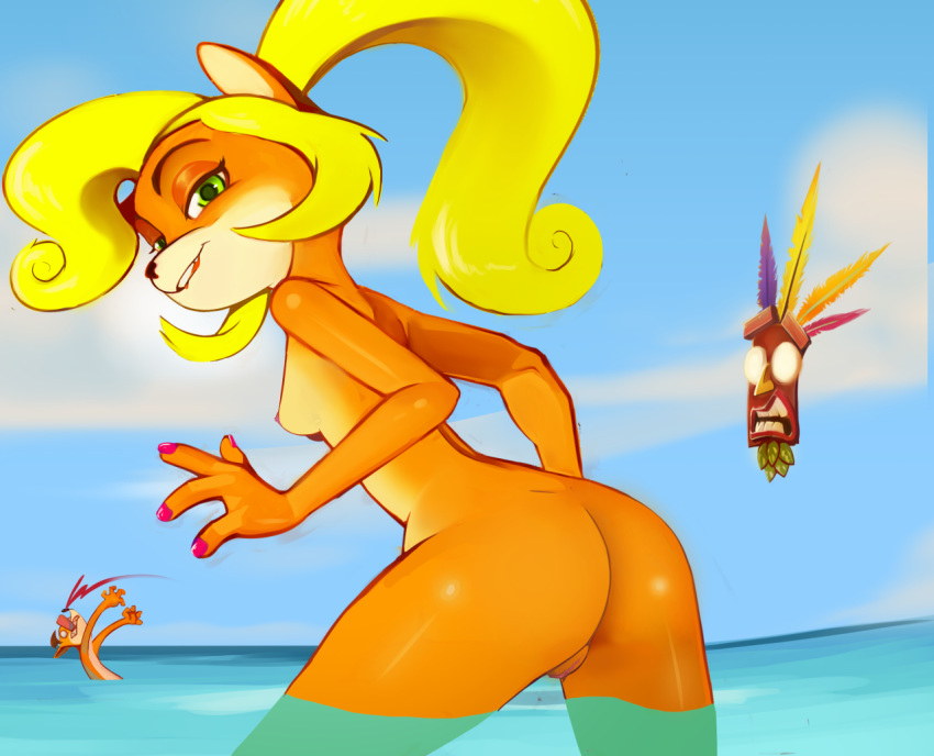 aku_aku anthro ass back_boob bandicoot beach blonde_hair breasts coco_bandicoot crash_(series) crash_bandicoot feliscede female female_focus genitals green_eyes group hair looking_at_viewer looking_back male mammal marsupial nude pussy rodent sea seaside smile solo_focus vagina video_games water