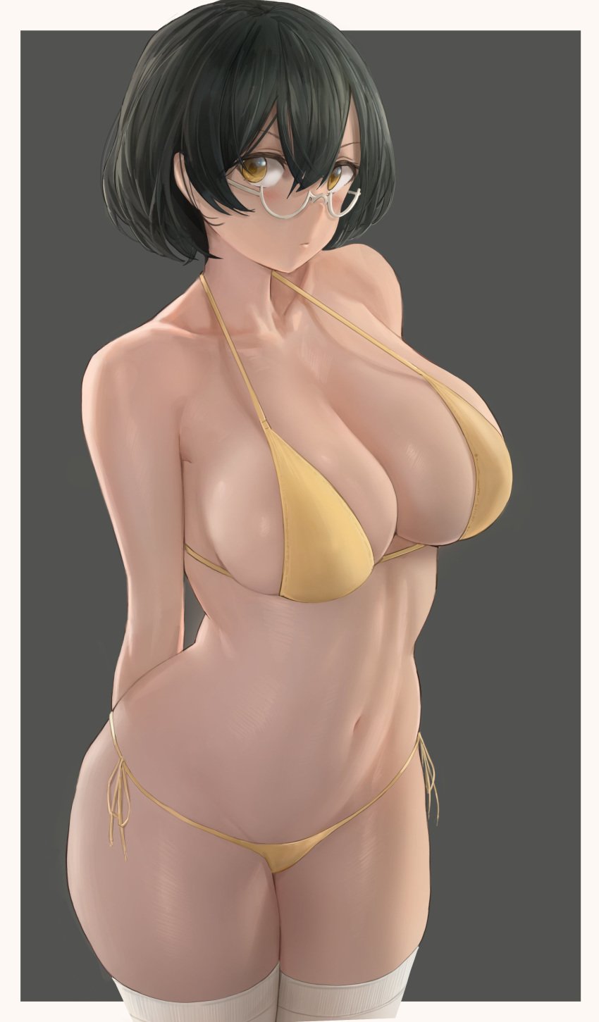 1girl 1girls bare_shoulders belly belly_button big_breasts bikini black_hair blush breasts cleavage closed_mouth curvaceous curvy curvy_figure cute eye_contact eyewear feet_out_of_frame female female_only glasses grey_background hair_between_eyes hi_res high_resolution highres hourglass_figure huge_breasts large_breasts legwear light-skinned_female light_skin linea_alba looking_at_viewer micro_bikini midriff navel oc off_shoulder original original_character revealing_clothes short_hair side-tie_bikini sideboob sidelocks simple_background skindentation solo solo_female string_bikini thin_waist wide_eyed wide_hips yellow_eyes yohan1754