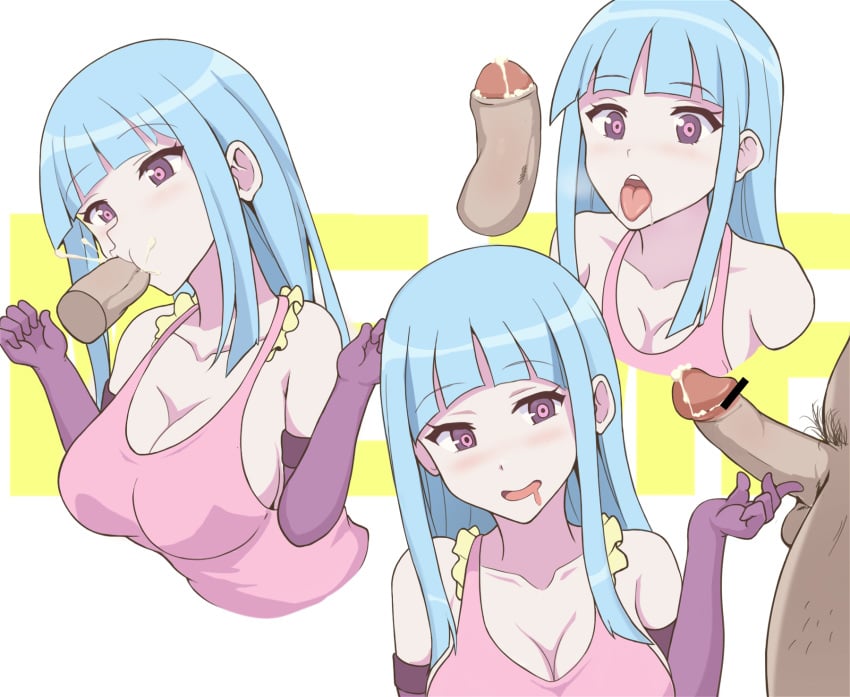 bangs bar_censor bare_shoulders blue_hair blunt_bangs blush breasts censored cleavage clothed_female_nude_male collarbone cum cum_in_mouth disembodied_penis dress drooling ejaculation elbow_gloves eyebrows_visible_through_hair fellatio female gloves highres large_breasts long_hair male_pubic_hair me!me!me! meme_(me!me!me!) nude open_mouth oral penis pink_dress pink_pupils pointless_censoring pubic_hair purple_eyes purple_gloves saliva sideboob sidelocks smegma tongue tongue_out verseir_001