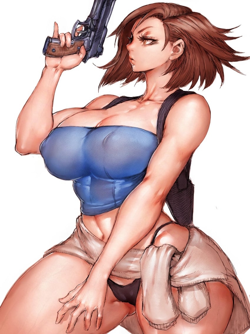 1girls big_breasts breasts brown_hair cameltoe cleavage erect_nipples female female_only firearm fit_female fumio_(rsqkr) gun handgun jill_valentine jill_valentine_(julia_voth) large_breasts midriff nipples panties pistol resident_evil resident_evil_3 solo sweater sweater_around_waist thick_thighs tubetop venus_body weapon wide_hips