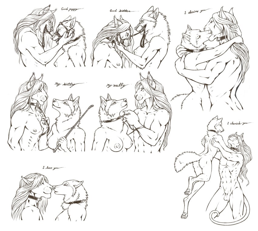 animal_genitalia anthro bagheera_(artist) balls black_and_white breasts bridle canid canine canis collar dialogue digitigrade duo embrace english_text eye_contact felid female french_kissing hair hi_res hindpaw kissing leash leash_in_mouth leash_pull lifting_other long_hair looking_at_another male mammal monochrome mostly_nude nipples object_in_mouth pantherine pawpads paws riding_crop sheath smile snarling straight text touching_noses whip wolf