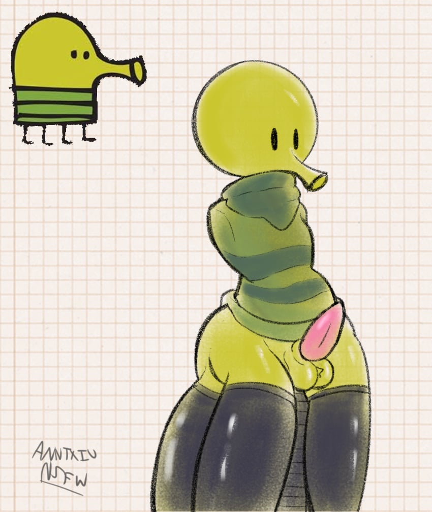 alternate_species anntxiunsfw anthro armless balls clothed clothing doodle_jump doodle_the_doodler_(doodle_jump) first_porn_of_franchise green_body green_skin hi_res humanoid humanoidized legwear male male_only multi_leg multi_limb pattern_clothing penis slightly_chubby stockings striped_clothing stripes tapering_penis the_doodler thick_thighs unknown_species watermark