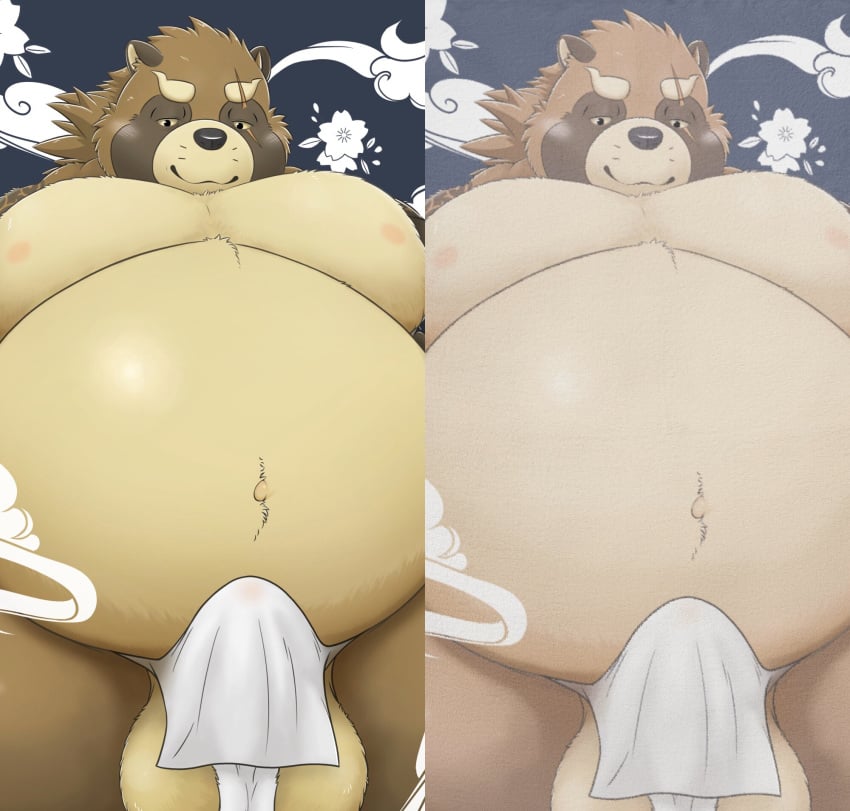 2019 anthro asian_clothing balls belly blush brown_body brown_fur bulge canid canine clothing east_asian_clothing fundoshi fur gyobu japanese_clothing jinku_56 male male_only mammal moobs navel nipples overweight overweight_male raccoon_dog scar solo tanuki tokyo_afterschool_summoners underwear video_games