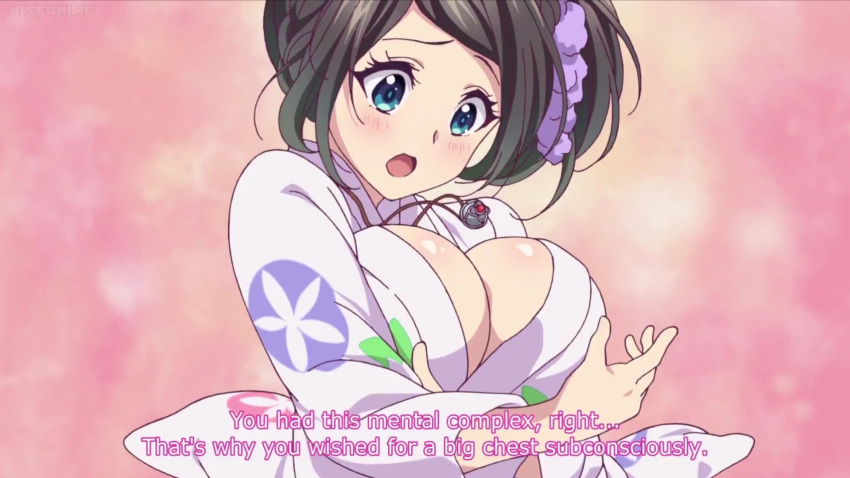 black_hair blue_eyes blush breast_expansion hairband huge_breasts izumi_reina kimono musaigen_no_phantom_world pendant screencap