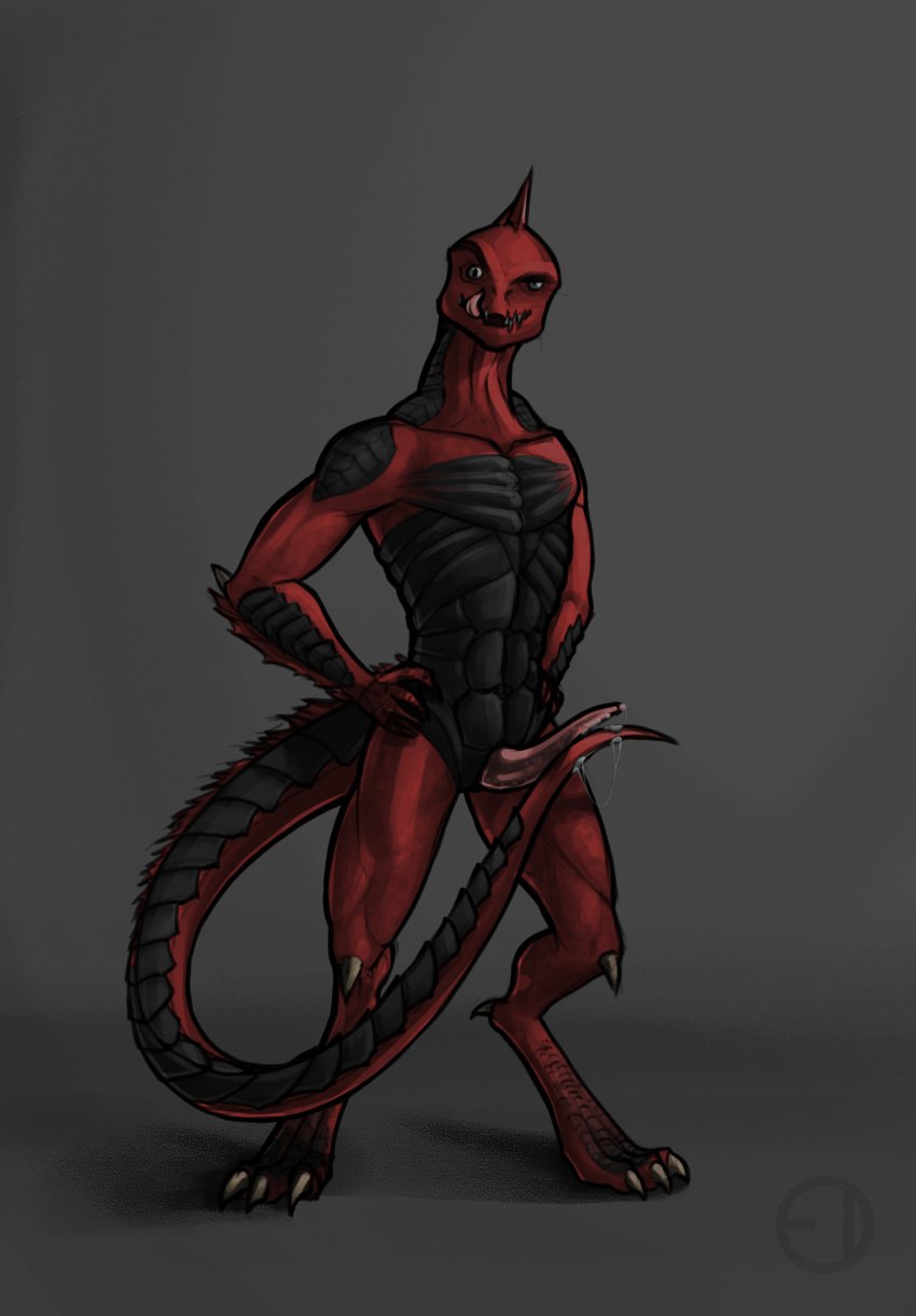 anthro bodily_fluids claws digital_media_(artwork) digitigrade divinity:_original_sin_2 divinity_(series) genital_fluids hands_on_hips hi_res leaking licking licking_lips lizard lizard_(divinity) looking_at_viewer male male_only nude penis precum presenting red_body red_scales reptile scales scalie simple_background solo solo_male standing tapering_penis the_red_prince tinfoil-man tongue tongue_out video_games