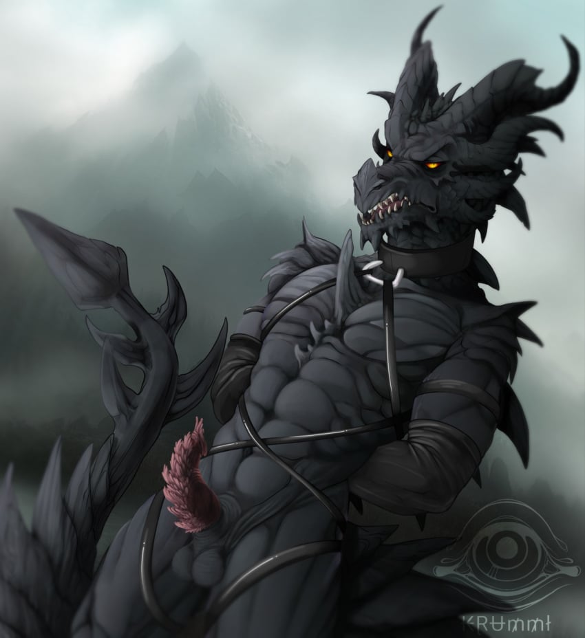 alduin anthro bethesda_softworks bondage bound dragon male male_only muscular penis shadeylady simple_background skyrim solo the_elder_scrolls video_games watermark