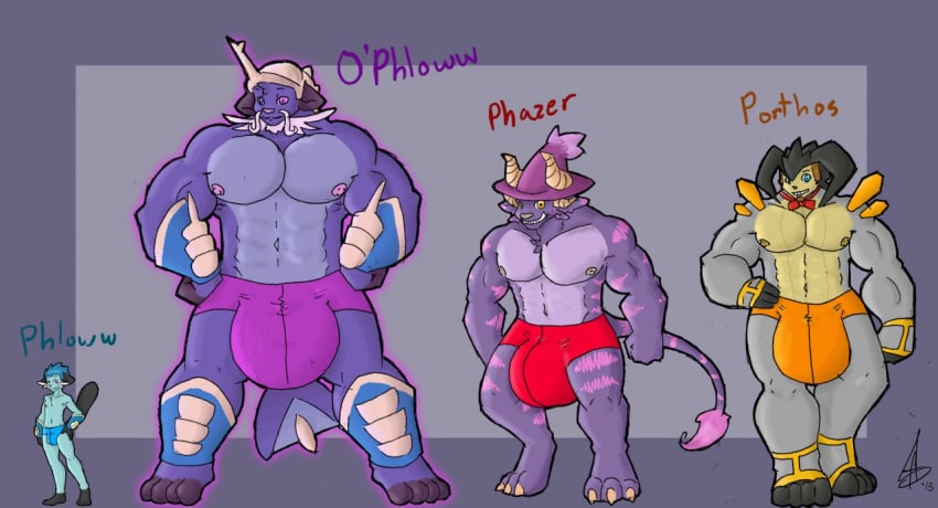 4boys abs anthro anthrofied bara bow_tie bulge cervine clothing dewott fangs furry gay horn hyper hyper_bulge kokoro-doll larger_male legendary_pokemon looking_at_viewer male mismagius nintendo original_character otter phazer pokémon_(species) pokemon pokemon_(species) pokemon_bw porthos samurott size_chart size_difference smaller_male smile terrakion testicles text underwear video_games watermark