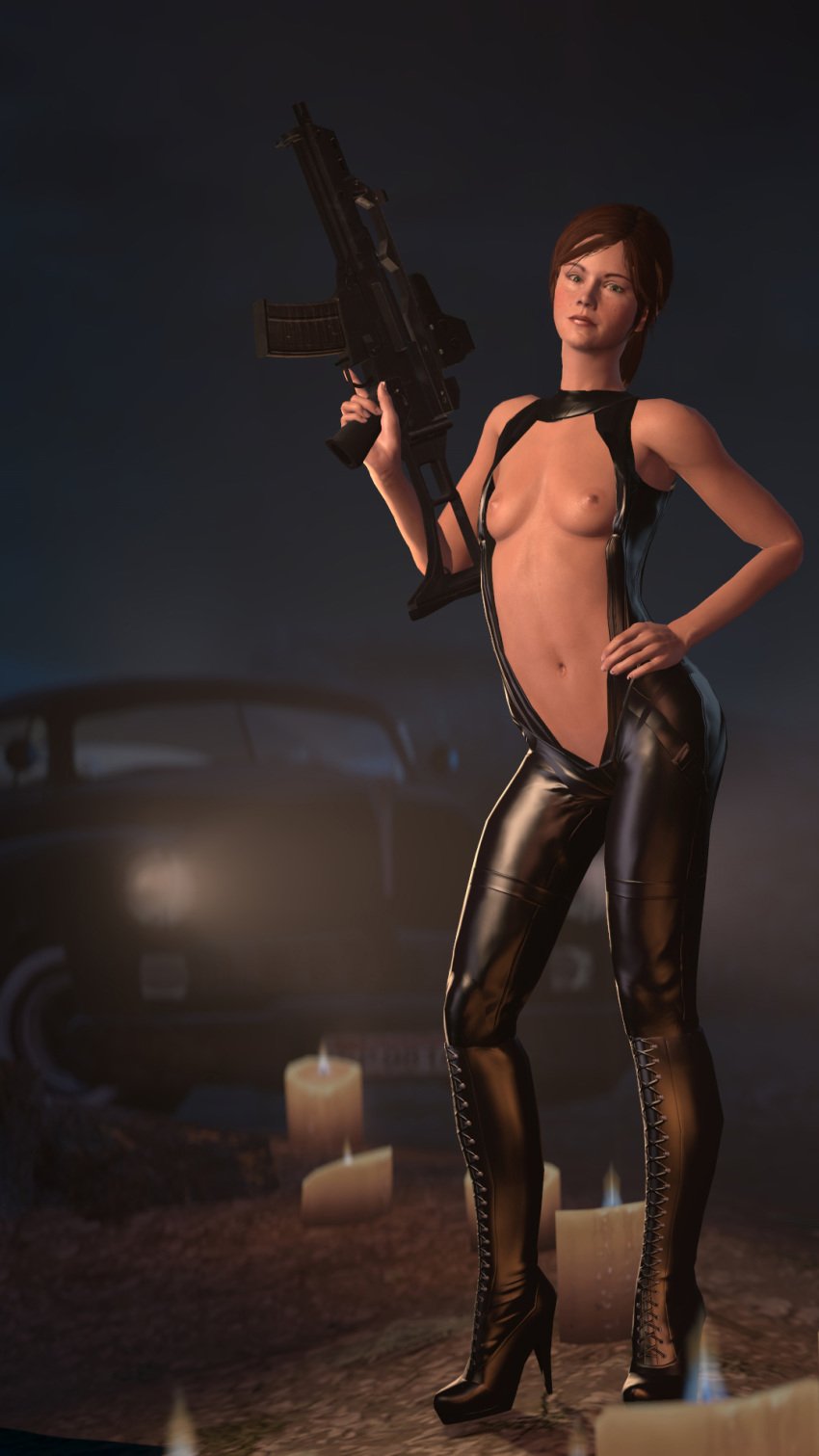 3d action_pose ass athletic bare_arms bare_shoulders breasts brown_hair bubble_butt butt car cleavage female female_focus female_only freckles gun hand_on_hip high_heels hitman hitman_absolution holding_gun holding_weapon latex latex_gloves latex_suit leaning leaning_to_the_side long_hair machine_gun mrsmugbastard navel nipples nun red_hair small_breasts solo source_filmmaker standing tagme the_saints_(hitman_absolution) thigh_boots topless victoria_burnwood