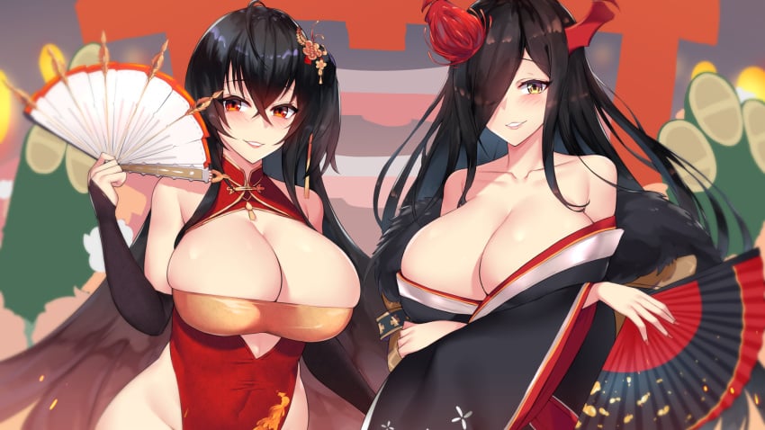 2girls ahoge alternate_costume azur_lane bamboo bangs bare_shoulders big_breasts black_hair black_kimono blush breasts bridal_gauntlets china_dress chinese_clothes cleavage cleavage_cutout clothing_cutout collarbone covered_navel crossed_arms crossed_bangs dress female female_only fingernails flower friedrich_der_grosse_(azur_lane) friedrich_der_grosse_(dark_raiments_of_gagaku)_(azur_lane) fur-trimmed_kimono fur_trim groin hair_flower hair_ornament hair_over_one_eye hand_fan hand_up highres holding holding_fan horns huge_breasts japanese_clothes kimono kuavera large_breasts lips lipstick long_fingernails long_hair looking_at_viewer makeup mechanical_horns multiple_girls nail_polish new_year no_panties off_shoulder official_alternate_costume one_side_up parted_lips raised_eyebrow red_dress red_eyes red_flower red_lips red_nails shiny shiny_skin sidelocks skindentation smile taihou_(azur_lane) taihou_(phoenix's_spring_song)_(azur_lane) very_long_hair wide_sleeves yellow_eyes