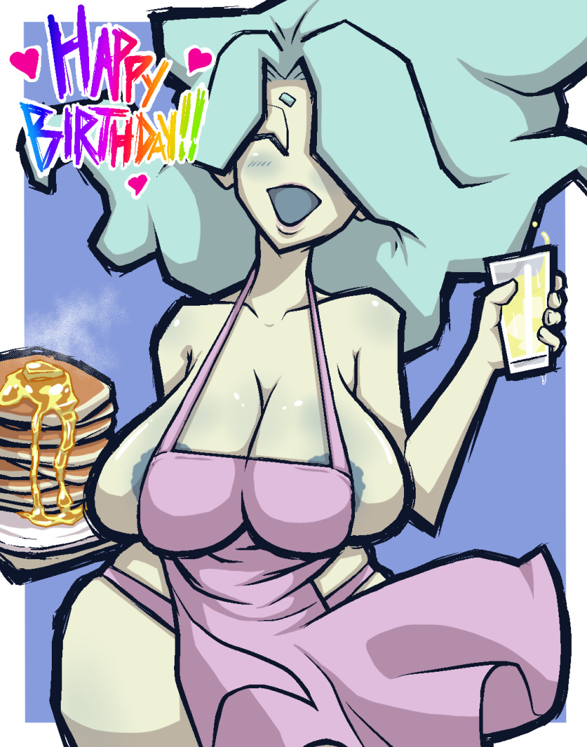 apron apron_only areola_slip areolae big_breasts blue_nipples blue_tongue blush busty butter closed_eyes dialogue drink enraenra female food ghost green_hair happy_birthday happy_facial holding_glass holding_object holding_plate large_breasts lemonade level-5 melting naked nude open_mouth pancakes sagging_breasts seductive skin_tight smile smogmella solo_female solo_focus steam taafee text wavy_hair wide_hips yo-kai(species) yo-kai_watch yo-kai_watch_2 youkai youkai_watch yōkai