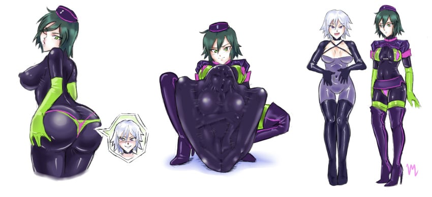 2girls ass_expansion big_ass big_breasts bodysuit clothing digestion female female_pred female_prey green_eyes green_hair hat latex latex_gloves multiple_girls oral_vore panties purple_eyes stomach_bulge thighhighs voraciousmoga vore white_hair