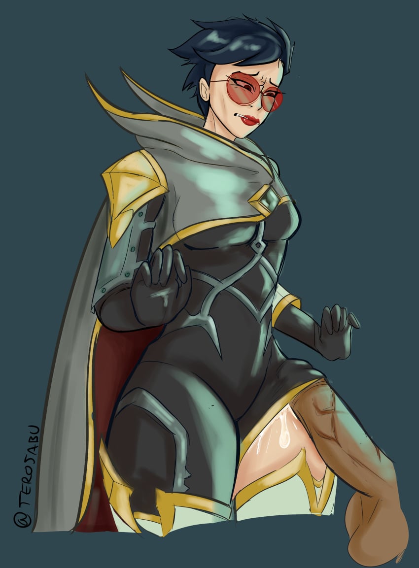 alternate_costume cum_under_clothes dark-skinned_male disgusted league_of_legends penis_under_clothes red-tinted_eyewear sentinel_vayne sunglasses terosabu the_ruined_king_saga tinted_eyewear vayne