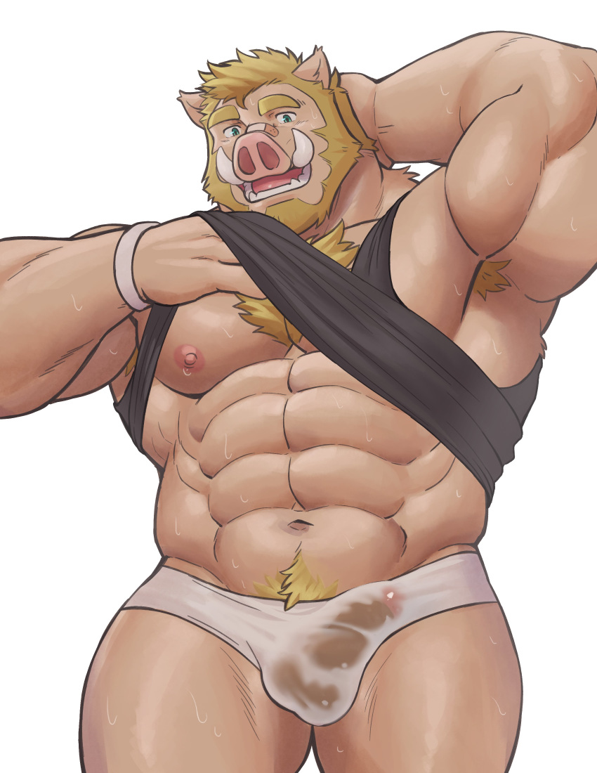 1boy 2019 abs absurd_res adios anthro armpit_hair balls band-aid bandage beard biceps black_clothing black_shirt black_topwear blonde_hair blue_eyes bodily_fluids body_hair briefs chest_hair clothed clothing clothing_lift eyebrows facial_hair front_view fur glans green_eyes hair hand_behind_head hi_res humanoid_penis looking_at_viewer male male_only mammal muscular muscular_male navel nipples open_mouth pecs penis pink_glans pink_nipples pink_nose portrait pubes quads see-through shirt shirt_lift simple_background skimpy smile solo suid suina sus_(pig) sweat tan_balls tan_body tan_fur tan_penis tank_top teeth thick_eyebrows three-quarter_portrait tongue triceps tusks underwear wet wet_clothing wet_underwear white_background white_underwear wild_boar wristband