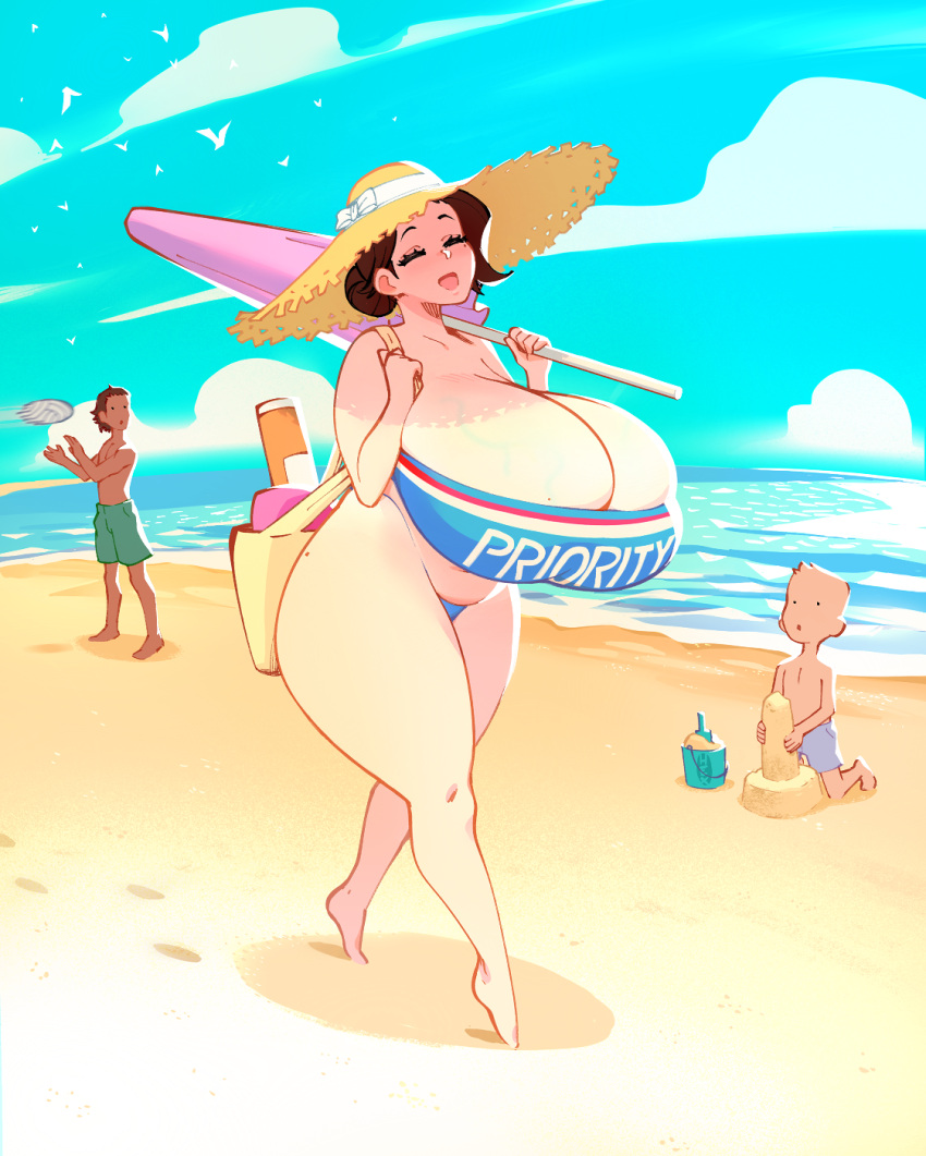 1girls 2boys ^_^ ass beach beach_umbrella beauty_mark big_hat bikini breasts breasts_bigger_than_head breasts_bigger_than_torso brown_hair bursting_breasts chestnut_mouth cleavage closed_umbrella daylight eyes_closed female female_focus gigantic_breasts hair_bun hairbun happy hat hexamous hexcomics highleg_bikini highres hyper_breasts innuendo larger_female long_ass long_cleavage mail-san male massive_breasts mature_female milf mole mole_on_ass mole_on_thigh mole_under_eye motion_blur ocean overflowing_breasts pawg purse sand sand_castle slightly_chubby smaller_male smile smiling staring staring_at_breasts startled straw_hat suggestive sun_hat swimsuit thick_thighs top_heavy_breasts umbrella veiny_breasts volleyball walking waves wholesome wide_hips