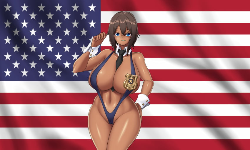 1girls american_flag blue_eyes breasts brown_hair cameltoe dark-skinned_female dark_skin huge_breasts mk001black original original_character police_badge police_uniform policewoman reese_(mk001black) sling_bikini solo solo_female swimsuit