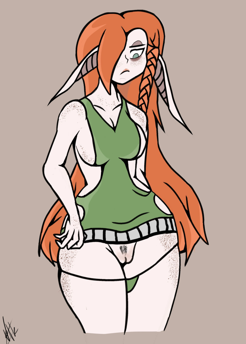 absurd_res ass big_breasts big_butt braided_hair breasts clothed clothing curvy_figure digital_media_(artwork) elf female freckles genitals guiltyskull_(artist) hair hi_res humanoid long_hair melancholic mood pussy red_hair solo tired underwear