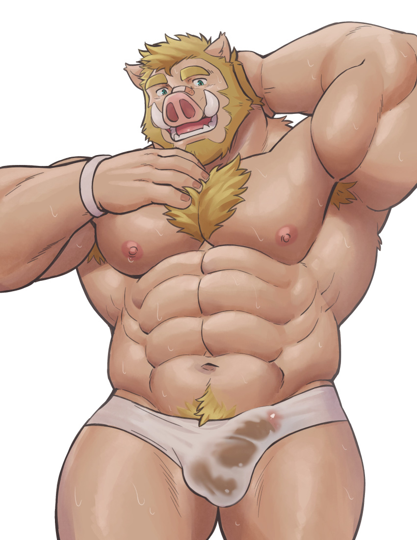 1boy 2019 5_fingers abs absurd_res adios anthro armpit_hair balls band-aid bandage beard biceps blonde_hair blue_eyes bodily_fluids body_hair briefs chest_hair clothed clothing eyebrows facial_hair fingers front_view fur glans green_eyes hair hand_behind_head hi_res humanoid_penis looking_at_viewer male male_only mammal muscular muscular_male navel nipples open_mouth pecs penis pink_glans pink_nipples pink_nose portrait pubes quads see-through simple_background skimpy smile solo suid suina sus_(pig) sweat tan_balls tan_body tan_fur tan_penis teeth thick_eyebrows three-quarter_portrait tongue topless triceps tusks underwear wet wet_clothing wet_underwear white_background white_underwear wild_boar wristband