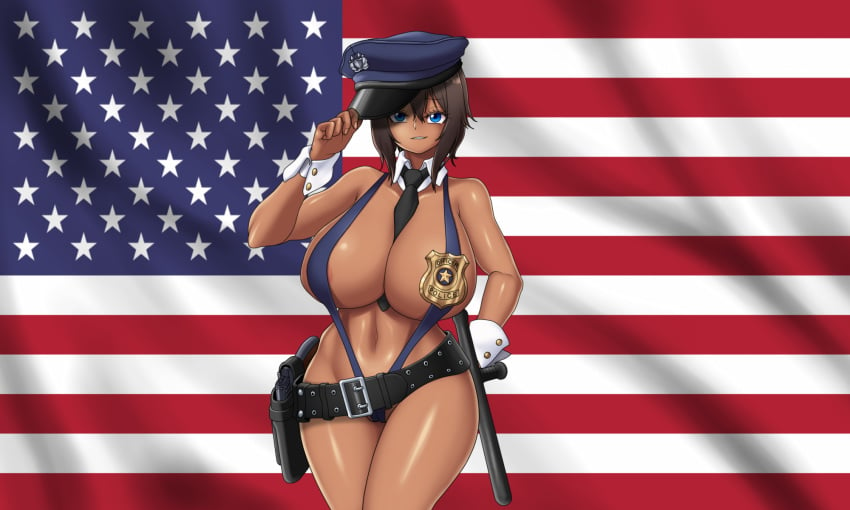 1girls american_flag blue_eyes breasts brown_hair cosplay dark-skinned_female dark_skin flag huge_breasts mk001black naughty_face original original_character police police_badge police_hat police_officer police_uniform policewoman reese_(mk001black) seductive seductive_smile sling_bikini smile solo solo_female swimsuit thick_thighs tonfa