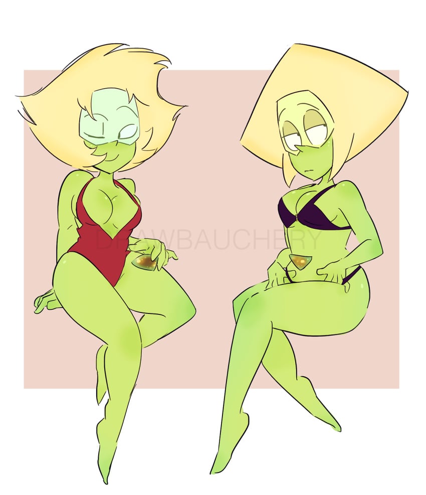 2girls 5_fingers artist_name artist_signature barefoot bikini black_bikini black_swimsuit blonde_hair breasts busty clothed color drawbauchery eyebrows female female_only front_view gem gem_(species) gemsona green_skin half-closed_eyes hips looking_away medium_breasts navel_gem one-piece_swimsuit original_character peridot_(gem) peridot_(steven_universe) peridot_5xb_(drawbauchery) peridot_5xz_(drawbauchery) pinup red_background red_one-piece_swimsuit red_swimsuit shiny_skin side_view simple_background steven_universe swimsuit thick_thighs thighs visor watermark white_border wink