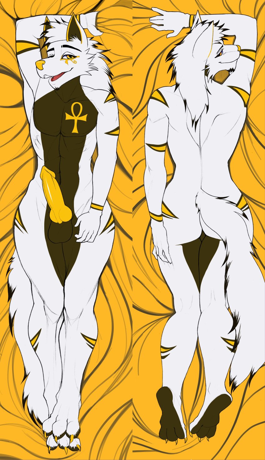 2019 5_fingers absurd_res animal_genitalia animal_penis ankh anthro ass balls canid canine canine_penis canis dakimakura_design desertkaiju domestic_dog egyptian erection fingers fur goldomond hair hi_res knot long_tail looking_at_viewer lying male mammal markings nude on_back open_mouth original original_character penis presenting smile solo thick_thighs white_body white_fur wide_hips