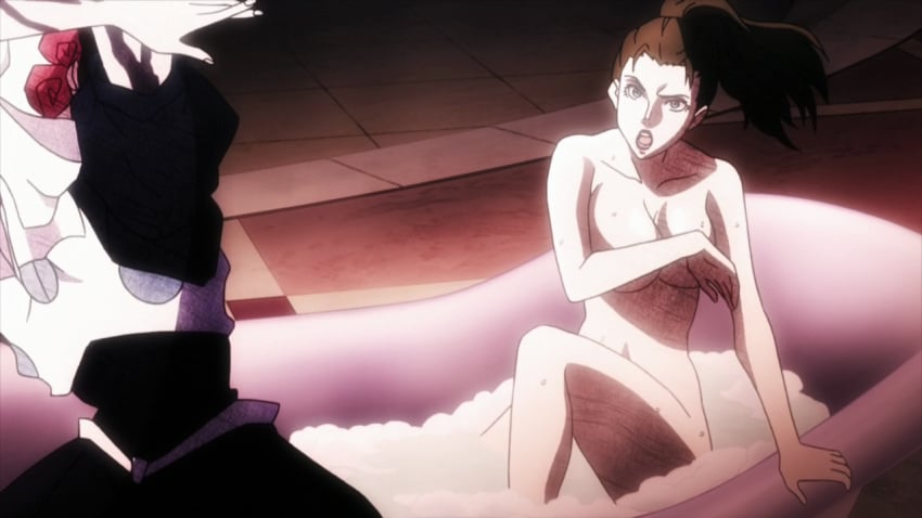 2girls bath bathing bathtub battle_tendency covering_breasts david_productions esidisi female female_only jojo's_bizarre_adventure lisa_lisa mature_female multiple_girls screencap screenshot shounen_jump suzi_q tagme